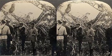 Zeppelin Wrecked and Burned - Ruins Being Inspected by French Troops