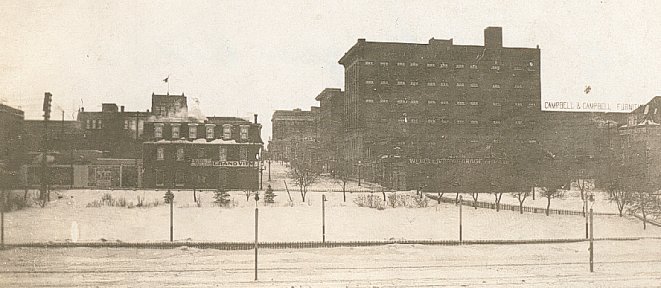 Looking south from CPR grounds: Grandview Hotel and McKenzie Seeds