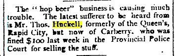 Fined for selling beer: Brandon Mail, March 10, 1887