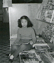 Sue-On reading mags at the Cafe magazine rack