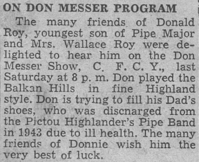 News clipping - Don's appearance on Don Messer Show