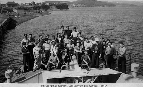 Group photo of 35 Prince Robert crew members on the fantail.