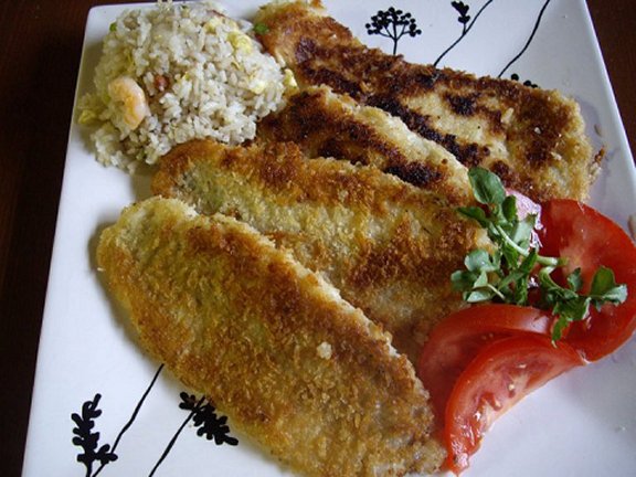 Pan fried panko coated pickerel