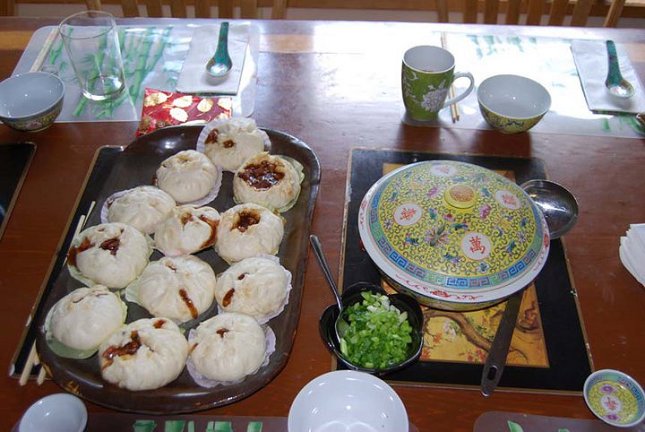 BBQ pork baos, siumai, hot 'n' sour soup in the Chinese tureen, plus joogzi