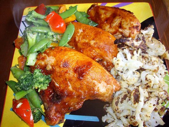 BBQ chicken, mixed veg, AND roasted cauliflower