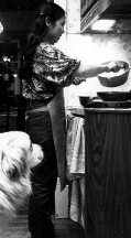 At home in the kitchen - Mya, the Great Pyrenees looks on
